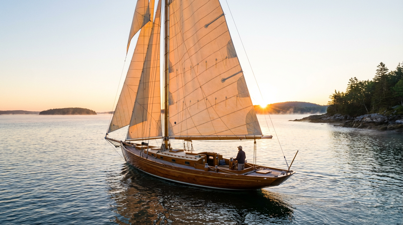 title A wooden sailboat with tan sails glides through calm water at sunrise.